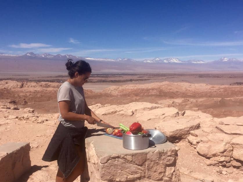 Cutting veggies overlooking the Atacama Desert.