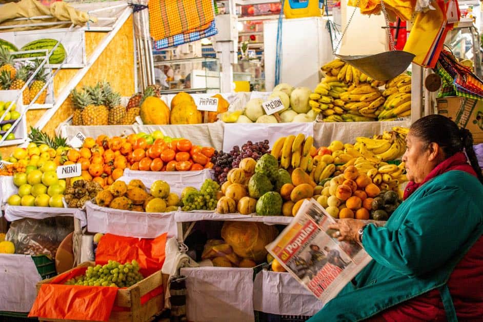 Fresh fruit stall food market in Cusco Peru