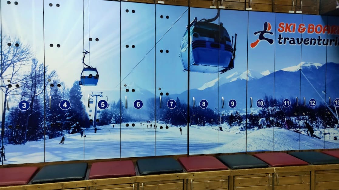 Lockers inside a Bansko ski hire shop