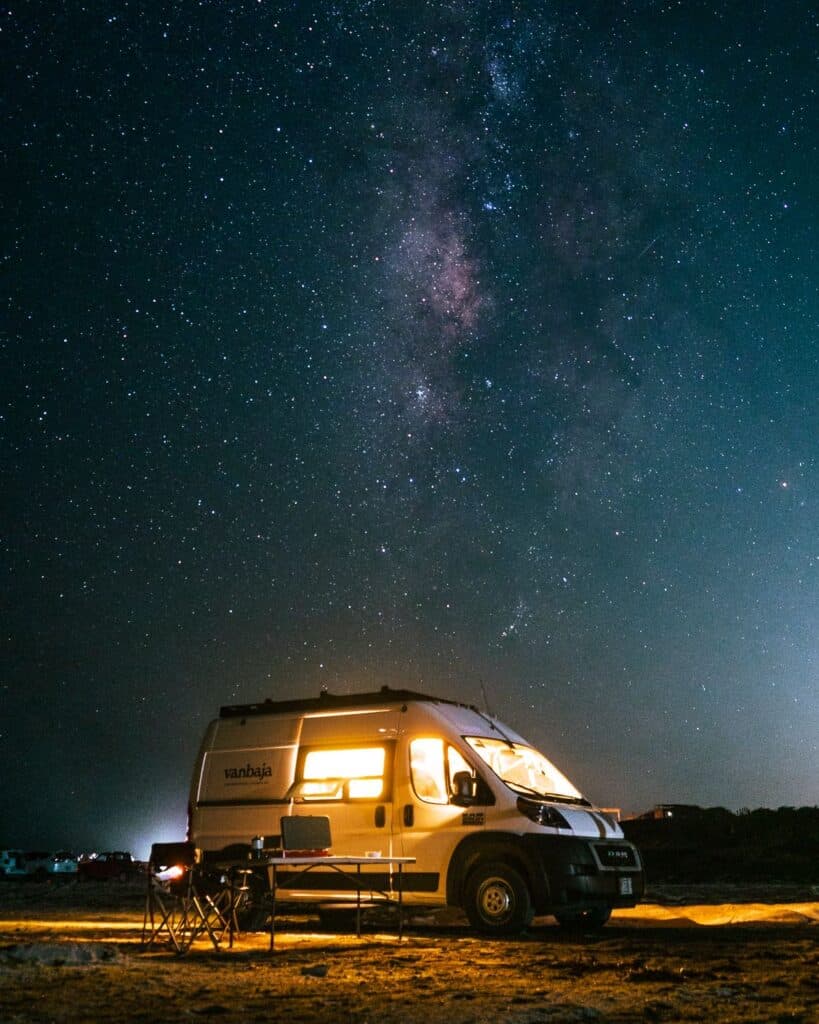 camper van in Mexico under a starry night sky
