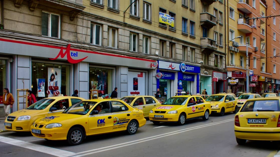 Many taxis in Sofi, Bulgaria. One of the reasons Uber is not in Sofia or Bulgaria
